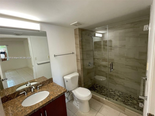 full bathroom featuring vanity, a stall shower, tile patterned floors, toilet, and visible vents
