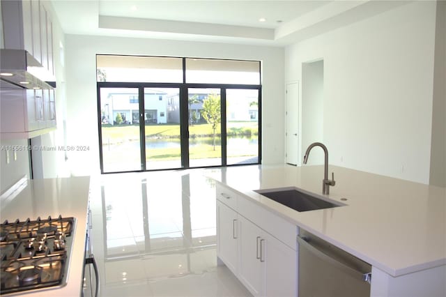 kitchen with dishwasher, a raised ceiling, sink, white cabinetry, and gas cooktop