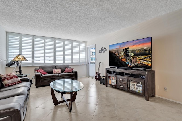 tiled living room with a textured ceiling