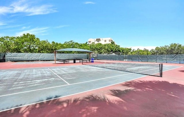 view of tennis court featuring fence