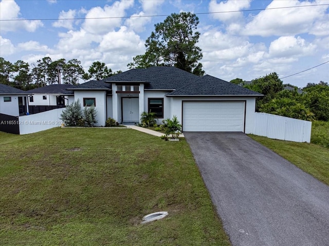 view of front of property with a garage and a front lawn