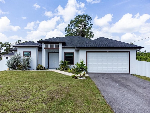 view of front of property featuring a garage and a front lawn