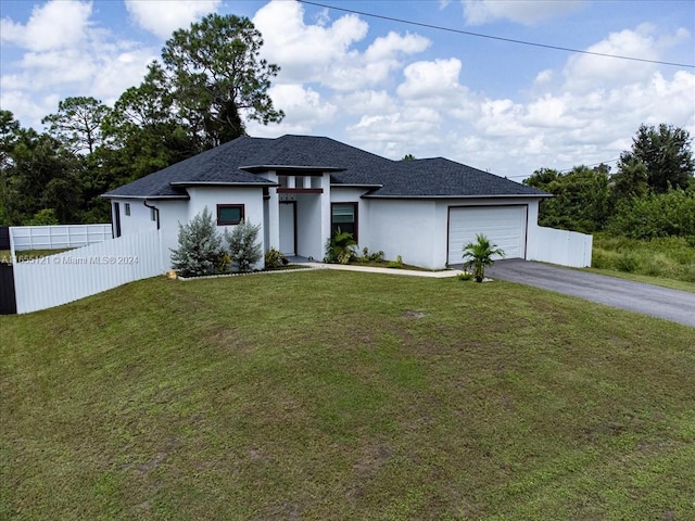 view of front of home with a garage and a front lawn