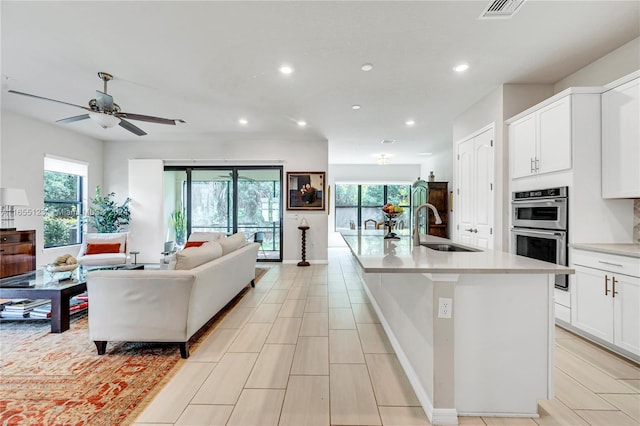 kitchen with an island with sink, a wealth of natural light, white cabinetry, and sink