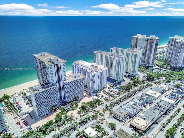 aerial view featuring a water view and a beach view