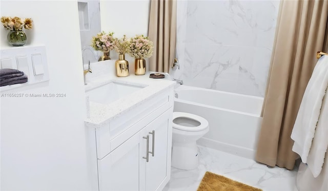 full bathroom featuring vanity, toilet, and shower / bath combination with curtain