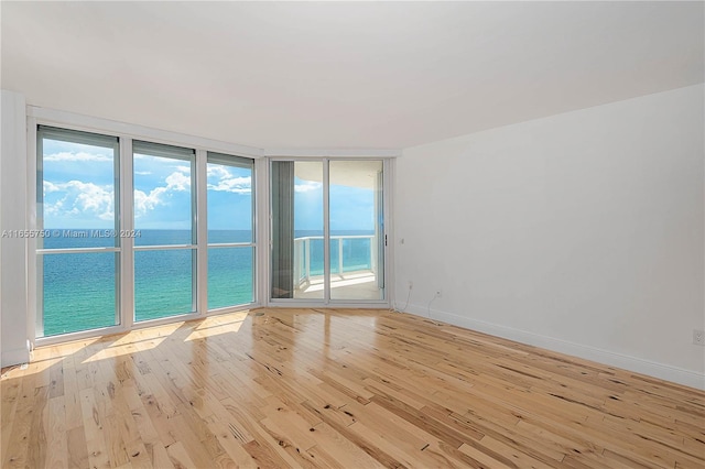 unfurnished room with a healthy amount of sunlight, light wood-type flooring, and a water view