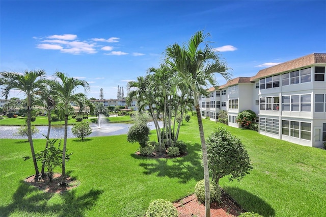 view of property's community featuring a water view and a lawn