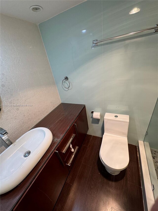 bathroom featuring vanity, toilet, and wood-type flooring