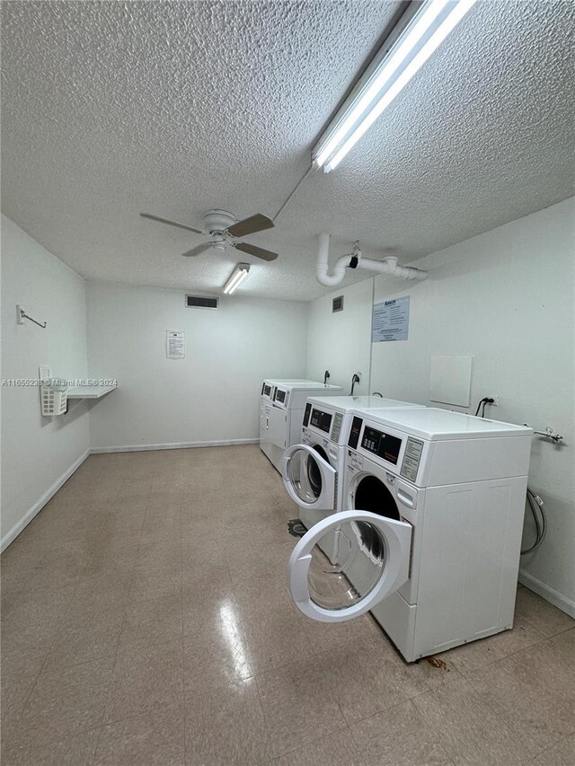 laundry room with a textured ceiling, washing machine and dryer, and ceiling fan