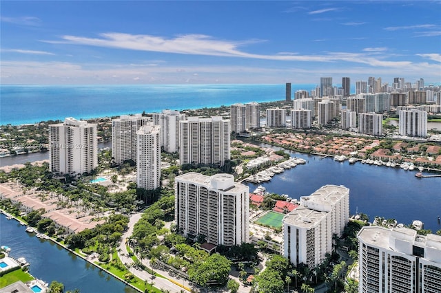 bird's eye view with a water view