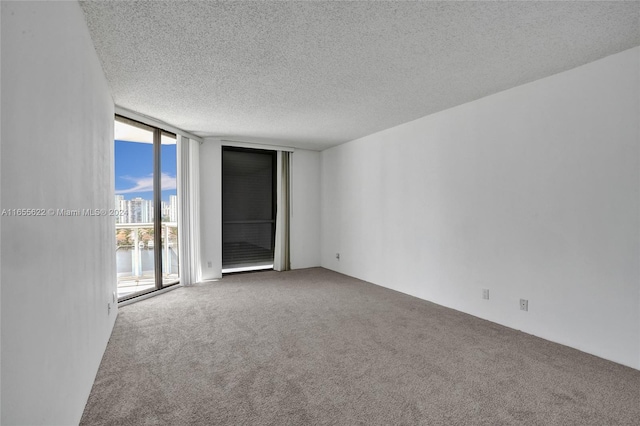 carpeted spare room featuring floor to ceiling windows and a textured ceiling