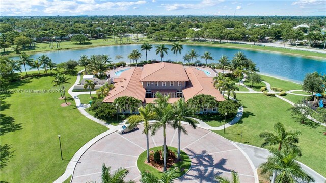 drone / aerial view with a water view