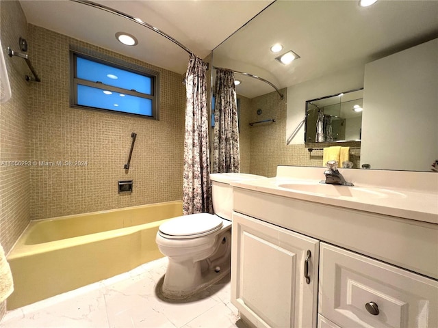 full bathroom with shower / bath combo, toilet, and vanity