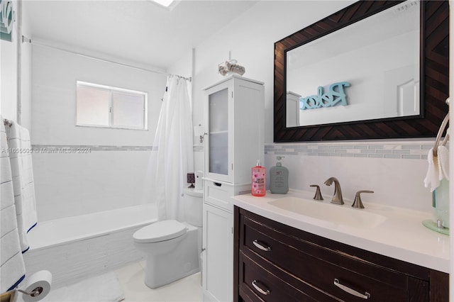 full bathroom featuring tile walls, toilet, shower / bathtub combination with curtain, and vanity