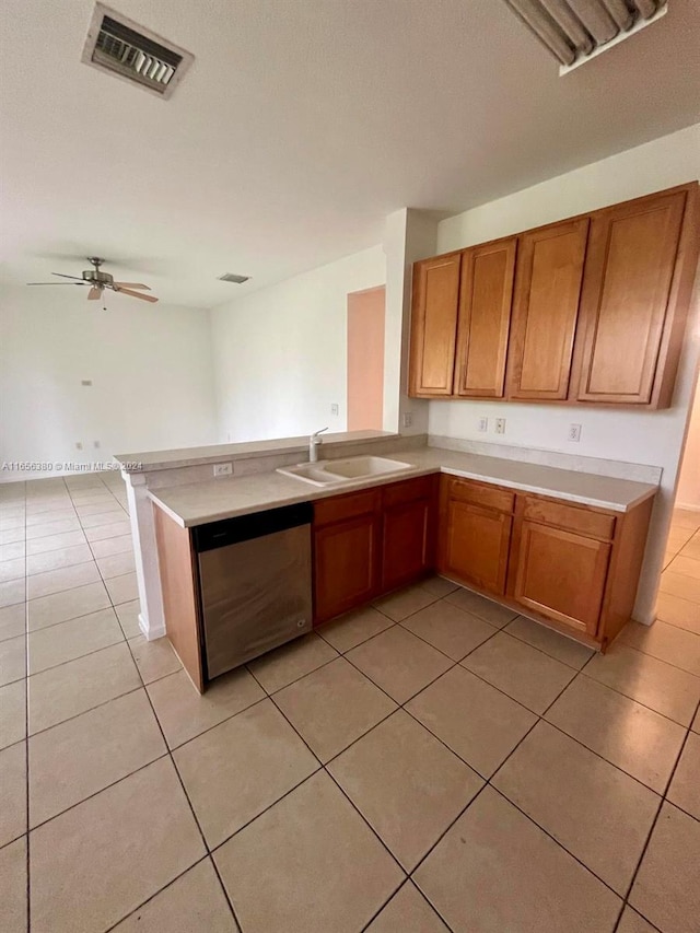 kitchen featuring kitchen peninsula, stainless steel dishwasher, ceiling fan, sink, and light tile patterned floors