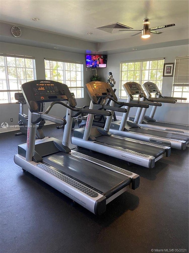 gym with ceiling fan