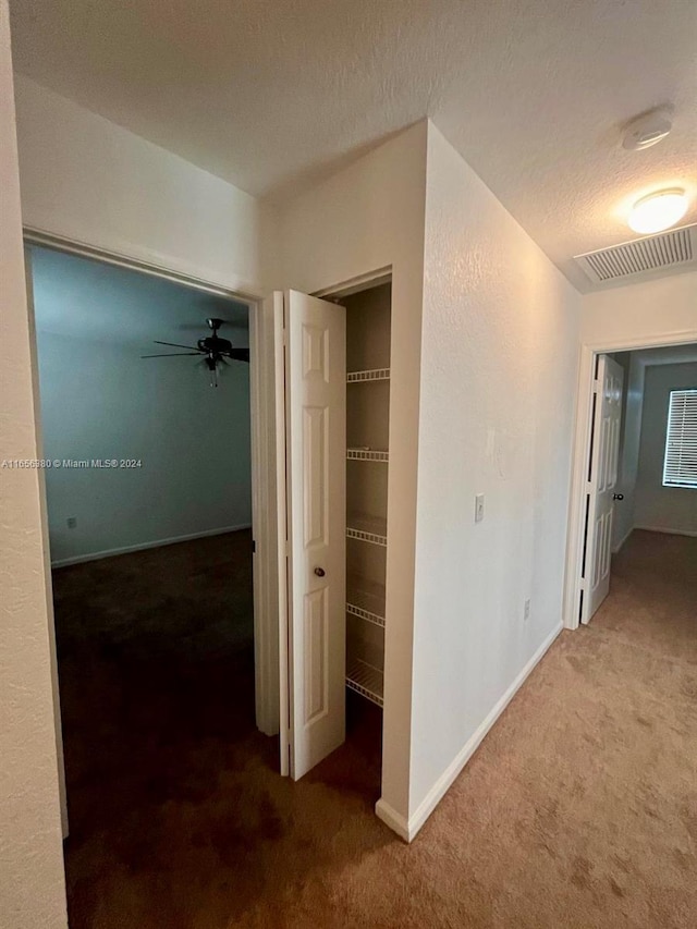 hall featuring carpet flooring and a textured ceiling