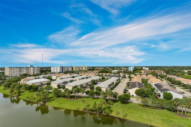 drone / aerial view featuring a water view