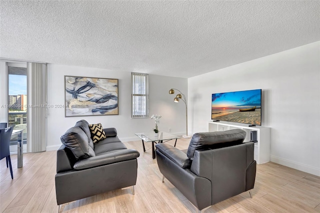 living room featuring light wood-type flooring and a textured ceiling