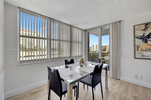 dining room with a wealth of natural light, light hardwood / wood-style flooring, and a textured ceiling