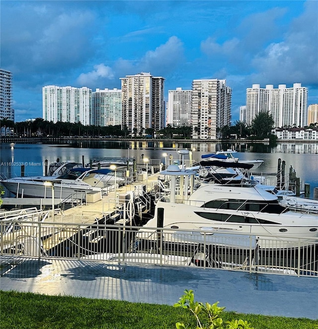 dock area with a water view and a view of city