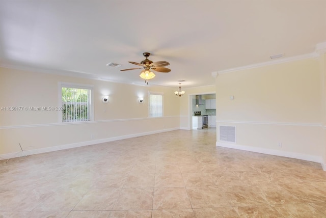 empty room with crown molding and ceiling fan with notable chandelier