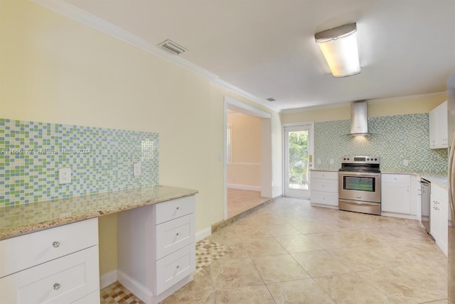 kitchen with ornamental molding, white cabinetry, tasteful backsplash, stainless steel appliances, and wall chimney range hood