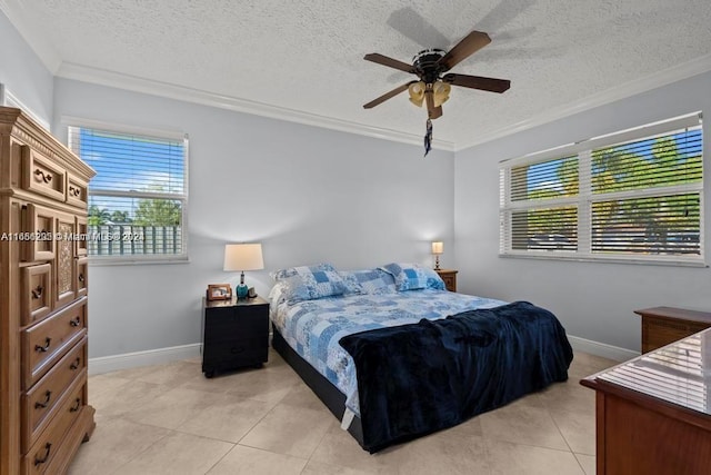 bedroom featuring a textured ceiling, ceiling fan, light tile patterned flooring, and crown molding