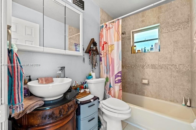 full bathroom with vanity, tile patterned flooring, toilet, and shower / bath combo