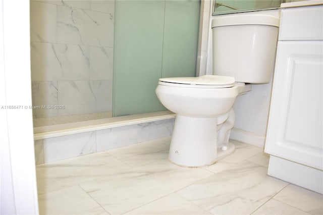 bathroom with walk in shower, toilet, and marble finish floor