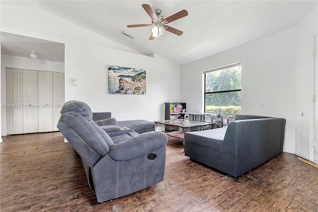 living room featuring lofted ceiling, ceiling fan, and dark hardwood / wood-style flooring