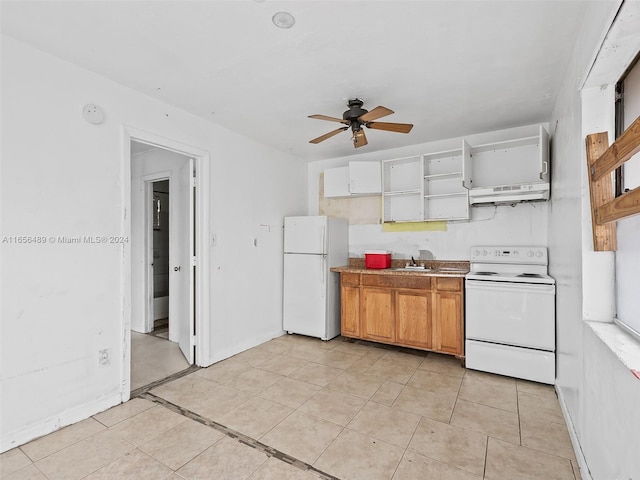 kitchen with a ceiling fan, open shelves, a sink, white appliances, and light tile patterned floors