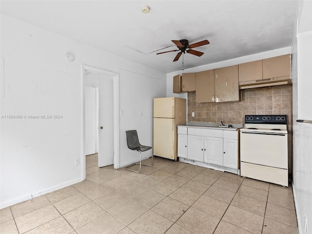 kitchen featuring light tile patterned floors, white appliances, extractor fan, ceiling fan, and tasteful backsplash