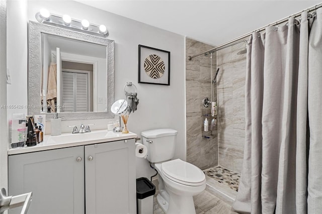 bathroom featuring vanity, toilet, and curtained shower