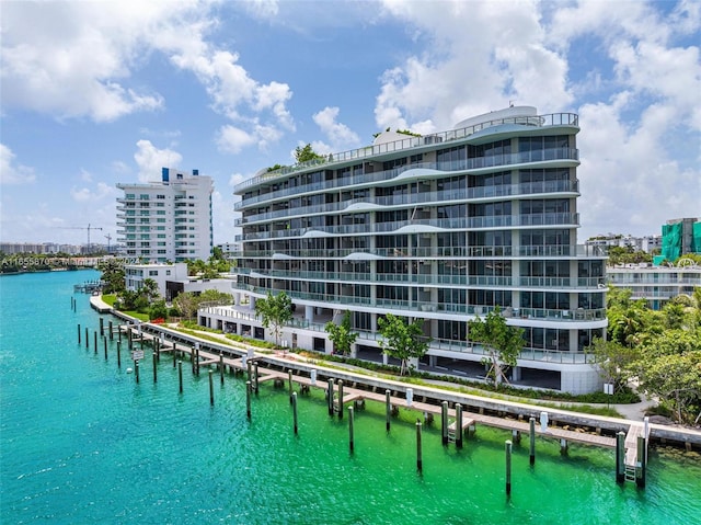 exterior space with a water view