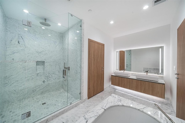 1135 103rd St Unit 202, Bay Harbor Islands, FL 33154 - full bathroom with a marble finish shower, double vanity, marble finish flooring, and recessed lighting