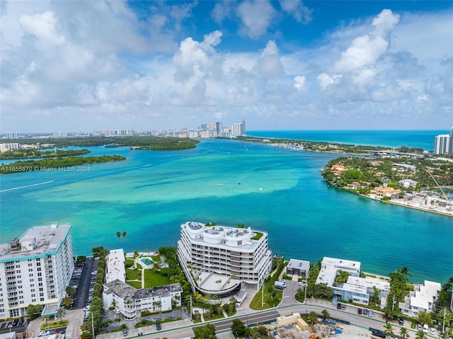 bird's eye view with a water view