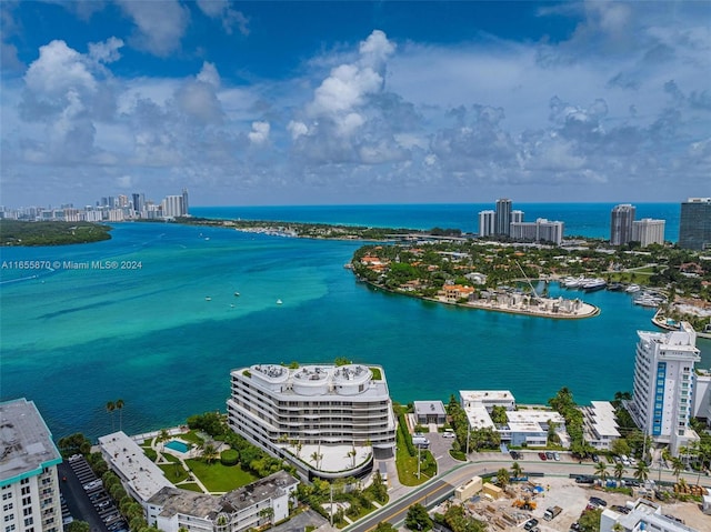 drone / aerial view with a water view