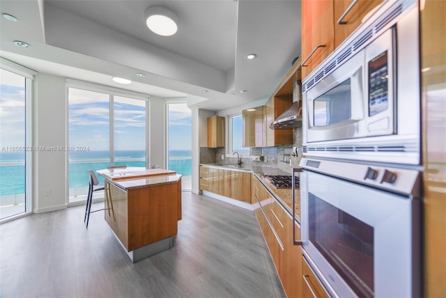 kitchen featuring backsplash, hardwood / wood-style flooring, stainless steel appliances, wall chimney exhaust hood, and a kitchen island