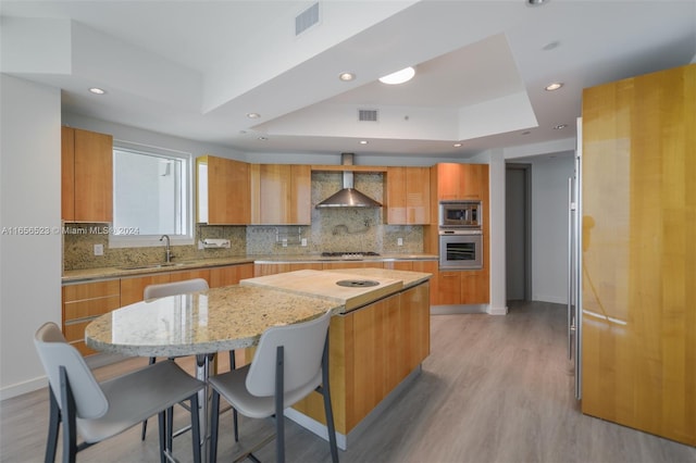 kitchen with appliances with stainless steel finishes, a raised ceiling, sink, and wall chimney range hood