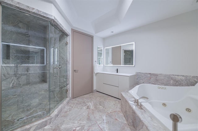 bathroom with shower with separate bathtub and vanity