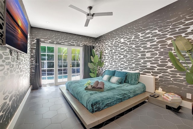 bedroom with french doors, ceiling fan, access to outside, and tile patterned flooring