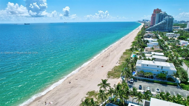 aerial view with a water view and a beach view