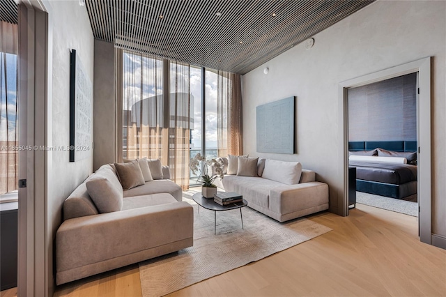 living room featuring light hardwood / wood-style floors and a wall of windows