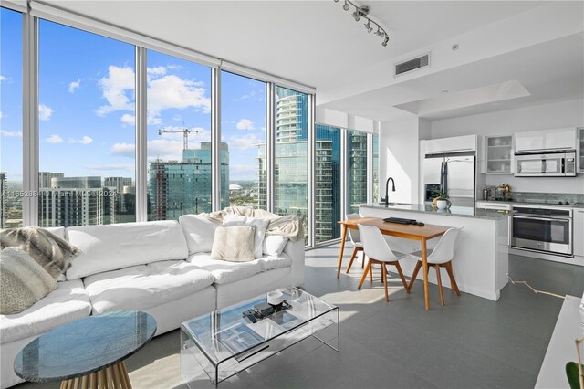 living room featuring sink and expansive windows