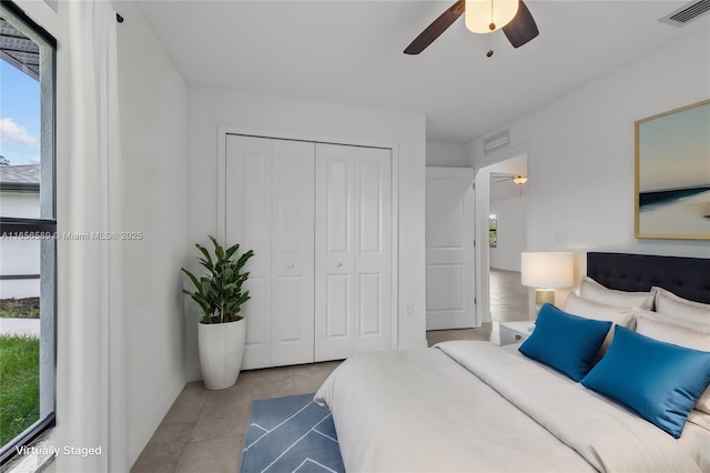 bedroom featuring ceiling fan, a closet, and multiple windows