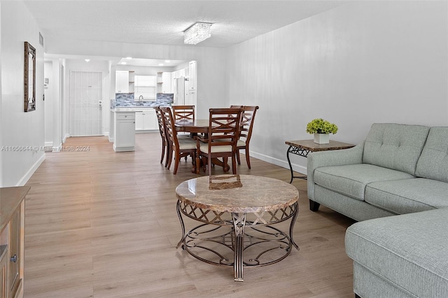 living room featuring light hardwood / wood-style floors and a textured ceiling