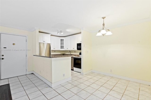 kitchen with pendant lighting, stainless steel fridge, white cabinetry, electric range oven, and kitchen peninsula