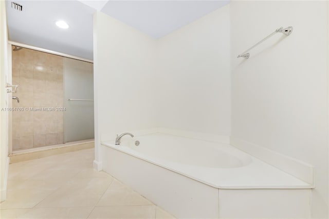 full bath with visible vents, a bath, recessed lighting, a shower stall, and tile patterned floors